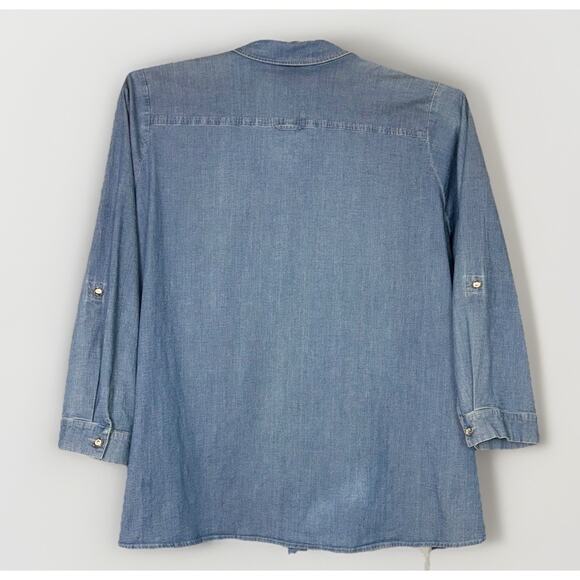 Quacker Factory 3X Denim Gem Snowman Chambray Roll Tab Sleeve Holiday Sparkle - Picture 2 of 5